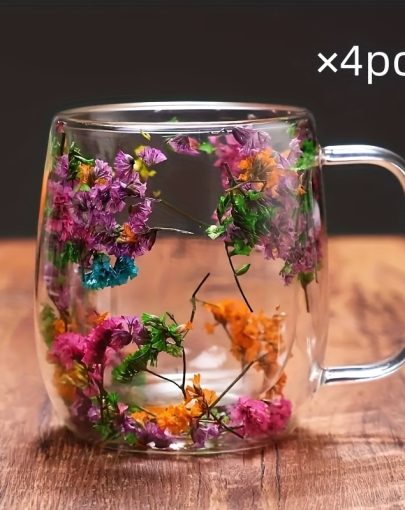 4pcs, 12ozu002F350ml, with Handle, Double-layer Glass Coffee Cup, Transparent Flower Coffee Cup, Creative Heat-resistant Glass Cup, Tea, Cappuccino, Coffee, Latte, Dried Flower Design Suitable for Holiday And Christmas