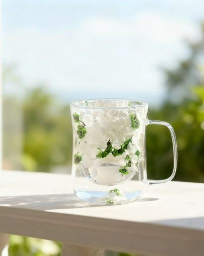 A Double-Walled Glass Coffee Cup with a Handle, Featuring a Floral Design That Is Perfect for Espresso, Milk, And Other Beverages. It Serves As a Beautiful Decoration for Restaurants And Is Hand Wash Only