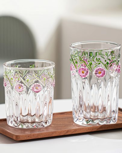 1pc Cute Embossed Glassware | Made of Crystal Glass | Floral Glass Cup Set, Suitable for Juice, Iced Coffee, Beer, Cocktails, Whiskey, Juice, Casual Parties, Holiday Gatherings, Gift Sets
