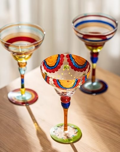 Hand-Painted Margarita Glasses - Unique Floral & Geometric Design Cocktail Goblets, Colorful Stemware for Home Bars, Hand Wash Only
