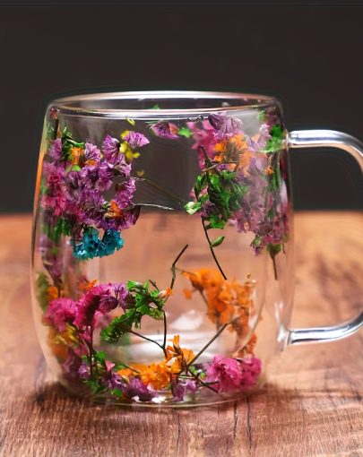 4pcs Glass Cups with Dried Flower - Double-Wall Suitable for Hot & Cold Drinks, Reusable Coffee Mugs for Coffee, Tea, Juice, Milk Tea, Kitchen for, Office, Parties, Gift for