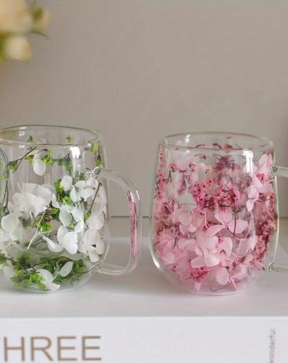 2pcs, Double-Layer Couple Glass Cups, Built-In Real Flower Design, Suitable for Coffee Milk Beverage Cups, Hand Wash Solely, Best Choice for Holiday Gifts