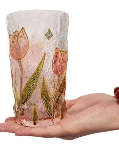 1pc 10.14oz Large Capacity Water Glass, Hand-Painted Tulip Rose Glacier Pattern Water Glass, Suitable for Home Use Valentine'S Day Gift, Party Gathering