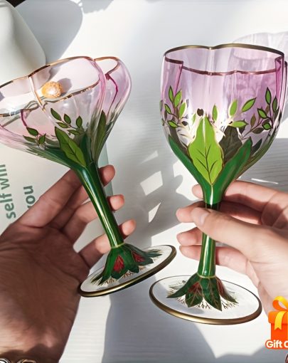 1pc Austrian medieval champagne glass, crystal glass wine glass, pink hand-painted ice cream bowl, vintage flower goblet, suitable for home kitchen living room, champagne glass for outdoor dinner party, gift for friends