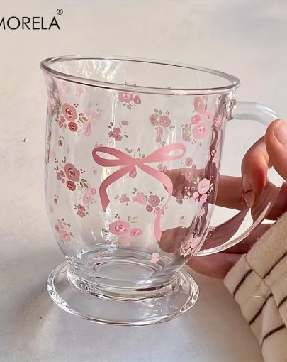 KEMORELA 1u002F2pcs Flower Rose Bow Pattern Glass, 15.22oz Multifunctional U-shaped Hand Washable Reusable Glass, Suitable for Milk, Coffee, Juice - Perfect for Christmas, Thanksgiving, Valentine's Day, Mother's Day, Graduation Ceremonies