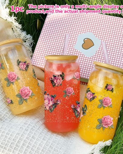 1pc a 16-Ounce Glass Soda Can Featuring a Lid And a Glass Straw, Adorned with Uv-Printed Roses, Glitter, And a Green Leaf Design. This Glass Cup Is Suitable for Coffee, Juice, Or As a Drinking Jar