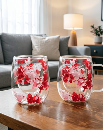 2pcs Transparent Flower Double Wall Glass Cups, 12ozu002F350ml, Creative Real Flower Filled Dried Flower Glass Mugs, Heat Insulated Double Wall Design, Coffee Cups, Juice Cups, Milk Cups, Breakfast Cups, Home & Office Use, Spring Summer Gifts for Friends