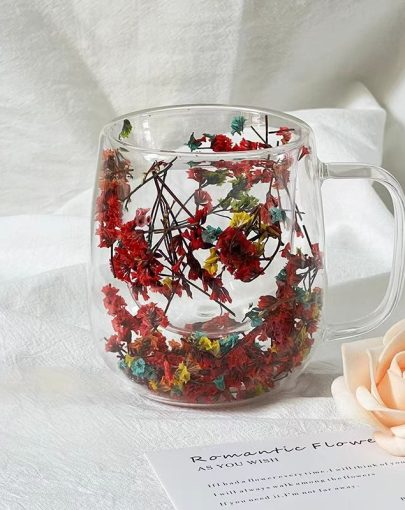 1pc, Double-walled Glass Cup with Handle, Featuring a Simulated Floral Pattern Design, Suitable for Flower Tea and Coffee, Home Decor for Office, Living Room, and Dining Room, a Perfect Holiday Gift